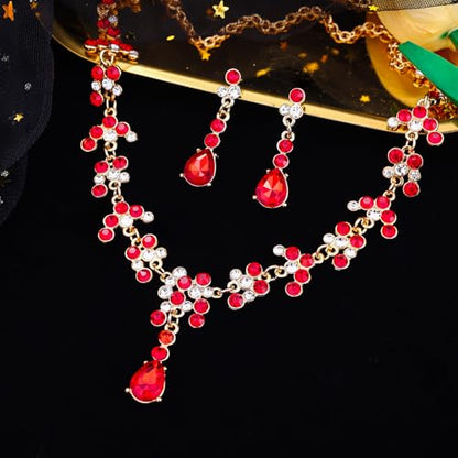Crystal Crown and Tiara Jewelry Set for Women Bride with Necklace Earrings | Metal Rhinestone Royal Queen Princess Jewelry Set Wedding Quinceanera Pageant Prom Birthday Halloween Party Costume Gift - color: Red