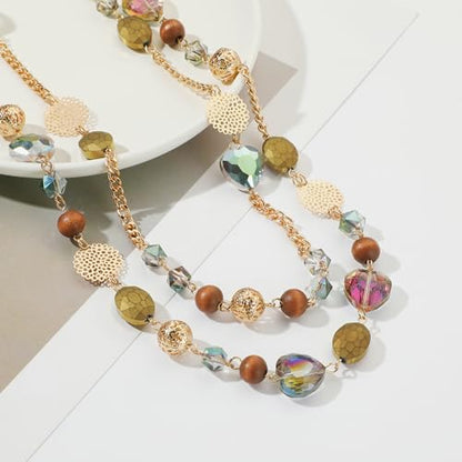 Bocar Long Necklaces for Women Trendy, Boho Layered Crystal Beaded Collar Necklaces for Women, Fashion Statement Necklaces Jewelry - color: Purple green