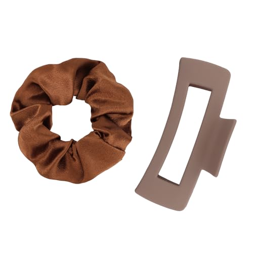 YISSION Claw Clip and Satin Scrunchie Set, 2 Pack Brown Hair Accessories, No Damage Hair Ties Non Slip Large Hair Clips for Women Girls Thick Thin Hair Daily Wear Party Wedding - color: Brown