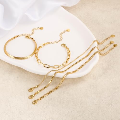 Gold Bracelets Set for Women, Dainty Stackable Layered Bracelet | 14K Gold Plated Adjustable Waterproof Non-Tarnish Paperclip & Curb Link Chain Jewelry Sets Gifts - color: Gold