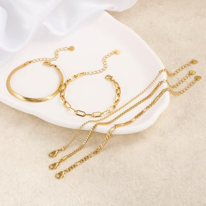 Gold Bracelets Set for Women, Dainty Stackable Layered Bracelet | 14K Gold Plated Adjustable Waterproof Non-Tarnish Paperclip & Curb Link Chain Jewelry Sets Gifts - color: Gold