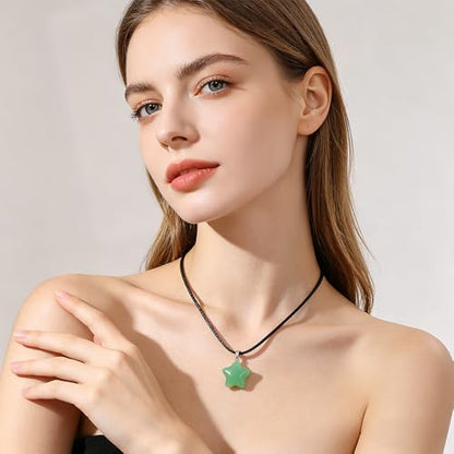 Natural Gemstone Simple Star Choker Necklace for Women, Minimalist Star Pendant Necklaces Adjustable Wax Chain - color: Green Aventurine