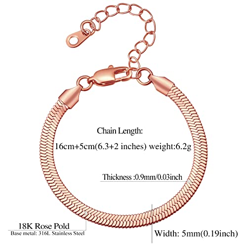 FindChic Elegant Herringbone Snake Chain Anklets/Bracelets 3MM/5MM Width Stainless Steel/18K Gold/Rose Gold Plated/Black 4 Color Options, 8.3'' 8.5'' 10.5'' Length, with Gift Box - color: B: 5mm 6.3'' bracelet (Rose Gold Plated)