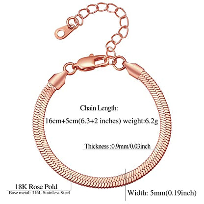 FindChic Elegant Herringbone Snake Chain Anklets/Bracelets 3MM/5MM Width Stainless Steel/18K Gold/Rose Gold Plated/Black 4 Color Options, 8.3'' 8.5'' 10.5'' Length, with Gift Box - color: B: 5mm 6.3'' bracelet (Rose Gold Plated)