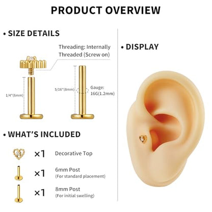 Hollow Heart Piercing Jewelry Collection - ASTM F136 Titanium Internally Threaded Flat Back Stud for Cartilage, Helix, Conch - color: Beaded heart - Gold