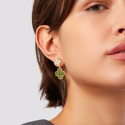 MTMY Dangle Earrings for Women 14K Gold Plated Four Leaf Clover Dangling Drop Birthstone Stud Earrings Trendy Flower Birthstone Jewelry Birthday Gifts - style: Aug.-Peridot