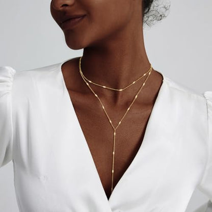 Luxval Lariat Gold Necklace for Women, Dainty Long Necklace 14k Gold Plated/Silver Y-Shaped Pendant Necklaces Trendy Beaded Chain Drop Necklaces Jewelry for Women Gifts - color: Gold-Y Layered Shinny Necklace