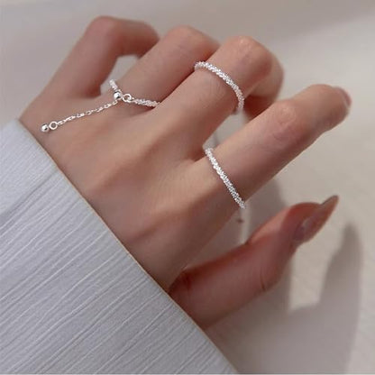 925 Sterling Silver Adjustable Link Chain Rings for Women Daughter | Dainty 14k Gold Plated Evil Eye/Cross/Flower Ring Sparkly Twist Rope with Bead Dangle Stackable Ring Jewelry Birthday Gifts - color: Silver