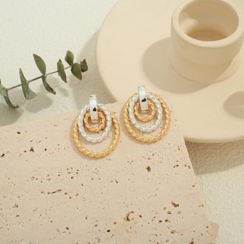 Antique Gold Hammered Disc Drop Earrings Boho Earrings with Two Tone Jewelry Gift - color: EH22701A
