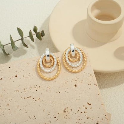 Antique Gold Hammered Disc Drop Earrings Boho Earrings with Two Tone Jewelry Gift - color: EH22701A