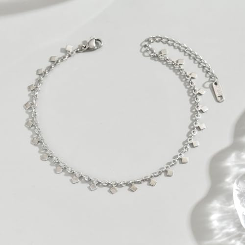 18K Gold Plated Ankle Bracelets for Women Stainless Steel Anklet with Star Cross Disc Coin Teardrop Charms Waterproof Thin Chain Ankle Jewelry Gift for Her - style: Square-White Gold