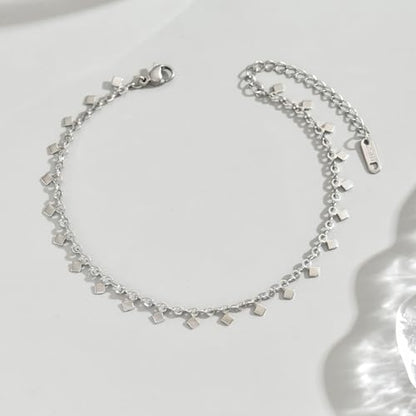 18K Gold Plated Ankle Bracelets for Women Stainless Steel Anklet with Star Cross Disc Coin Teardrop Charms Waterproof Thin Chain Ankle Jewelry Gift for Her - style: Square-White Gold