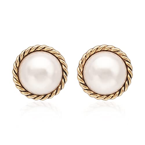 Large Pearl Earrings for Women, Chunky Gold Button Pearl Studs | Gold Twist Trim, Statement Vintage Style, 23mm, 14K Gold-Plated Brass, Faux Mabe Pearl, for Wedding, Parties, Elegant Look