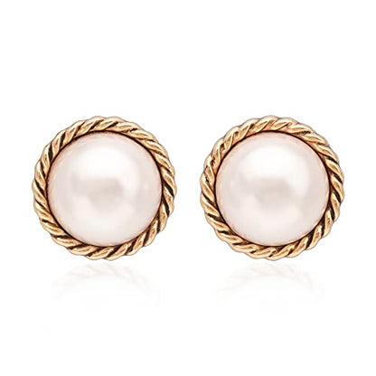 Large Pearl Earrings for Women, Chunky Gold Button Pearl Studs | Gold Twist Trim, Statement Vintage Style, 23mm, 14K Gold-Plated Brass, Faux Mabe Pearl, for Wedding, Parties, Elegant Look