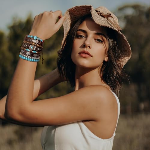 Stack Turquoise Western Bracelets for Women Boho Turquoise Beaded Concho Bangle Ox-Head Charm Cowboy Chic Bracelets Western Jewelry Cowgirl Accessory for Country Concert Outfits - color: Turquoise Skull