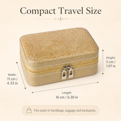 Travel Jewelry Box, Jewelry Box with Embossed PU Leather Small Jewelry Organizer Case with Zipper, Velvet Lined Ring Earring Necklace Case for Travel, 6.3 x 4.7 x 2.4 in - color: Golden