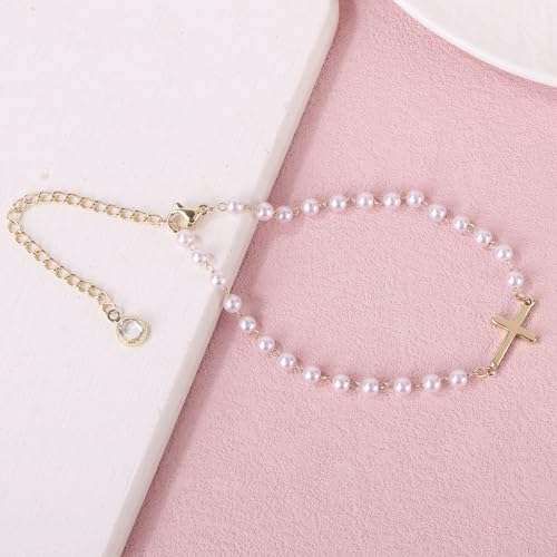 Mikovivi Pearl Cross Ankle Bracelet for Women, Adjustable Boho Beaded Anklets Waterproof Summer Beach Foot Jewelry Gift