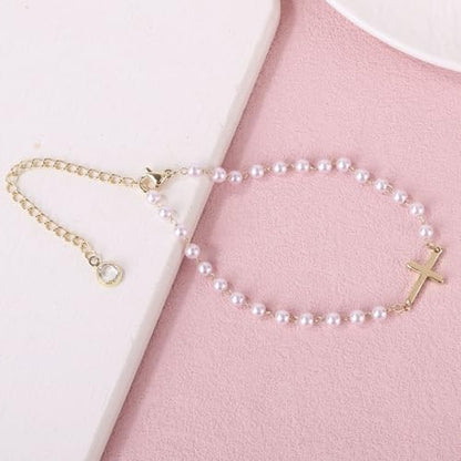 Mikovivi Pearl Cross Ankle Bracelet for Women, Adjustable Boho Beaded Anklets Waterproof Summer Beach Foot Jewelry Gift