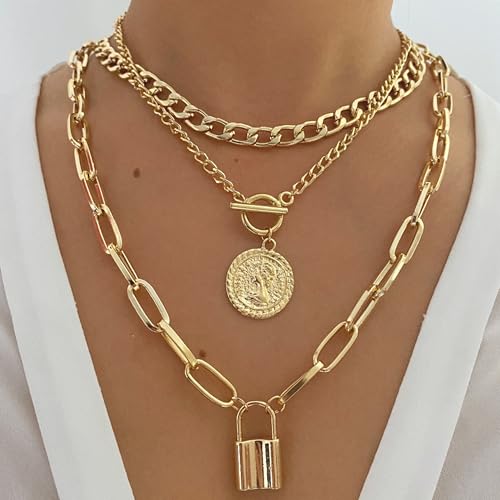 Gold Layered Necklaces for Women Chunky Stacked Necklaces for Women Trendy Retro Coin Pendant Necklace Womens Multilayer Chain Necklaces Fashion Jewelry Gifts - style: style 1