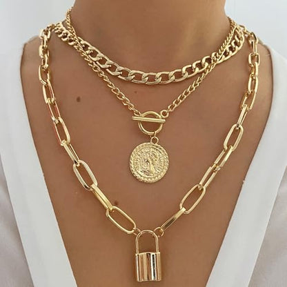 Gold Layered Necklaces for Women Chunky Stacked Necklaces for Women Trendy Retro Coin Pendant Necklace Womens Multilayer Chain Necklaces Fashion Jewelry Gifts - style: style 1