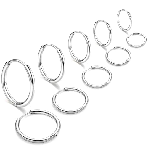 ONESING 10 Pairs Mens Hoop Earrings Stainless Steel Silver/Black Mens Earrings Hoop Hypoallergenic Huggie Hoop Earrings for Men Women Multiple Piercings 8mm/10mm/12mm/14mm/16mm - color: Silver