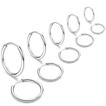ONESING 10 Pairs Mens Hoop Earrings Stainless Steel Silver/Black Mens Earrings Hoop Hypoallergenic Huggie Hoop Earrings for Men Women Multiple Piercings 8mm/10mm/12mm/14mm/16mm - color: Silver