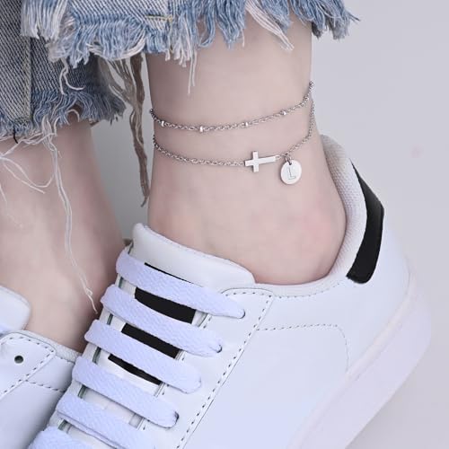 Gold Cross Ankle Bracelets for Women | Anklets for Women Waterproof with Initial Charm (A-Z) | Non Tarnish Summer Beach Jewelry Gifts for Her - color: Silver L