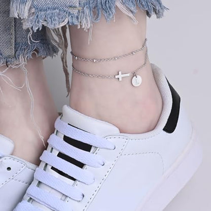 Gold Cross Ankle Bracelets for Women | Anklets for Women Waterproof with Initial Charm (A-Z) | Non Tarnish Summer Beach Jewelry Gifts for Her - color: Silver L