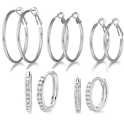 White Gold Earrings for Women Men Hoop and Stud Earring Set | Hypoallergenic 14K White Gold Plated Hoops Huggie Stud Earrings Set Round Cubic Zirconia Ear Jewelry - style: A5-White Gold-Hoop (5 Pairs)