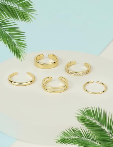 5Pcs 14K Gold Filled Toe Rings for Women Non Tarnish Adjustable Gold CZ Wide Band Toe Rings Summer Beach Waterproof Open Gold Toe Ring Jewelry for Summer - color: gold