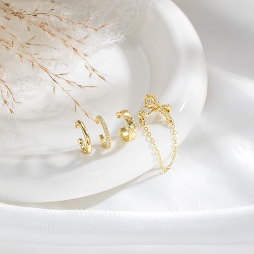 14K Gold Plated Ear Cuff Earrings for Women, Dainty Ear Cuffs Non Piercing Clip on Earrings Trendy Non pierced Cubic Zirconia Fake Hoop Earring Jewelry Sets for Women - color: Gold-3