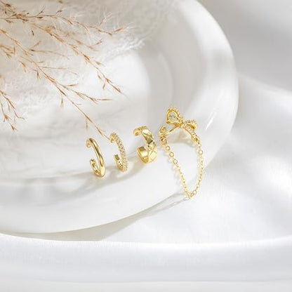 14K Gold Plated Ear Cuff Earrings for Women, Dainty Ear Cuffs Non Piercing Clip on Earrings Trendy Non pierced Cubic Zirconia Fake Hoop Earring Jewelry Sets for Women - color: Gold-3