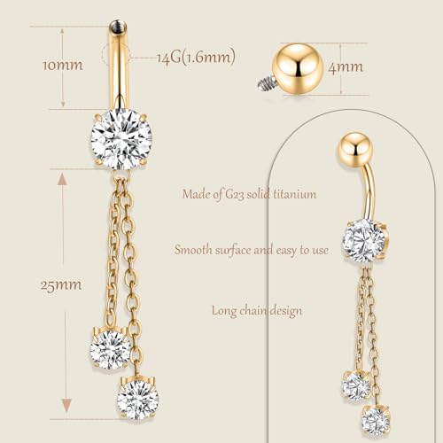 AROWRO Dangle Belly Button Rings Titanium Gold Sliver Belly Button Ring Hypoallergenic 14G Dangle Navel Piercing Jewelry 10mm Barbell for Women - color: Gold