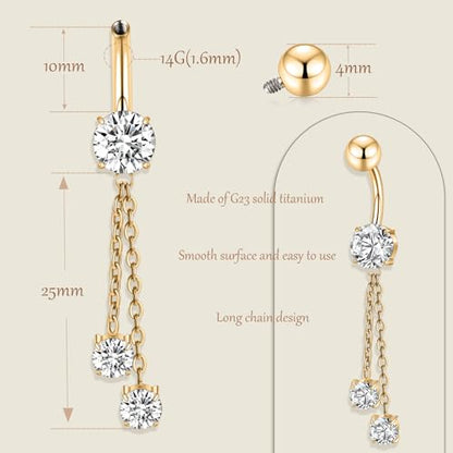 AROWRO Dangle Belly Button Rings Titanium Gold Sliver Belly Button Ring Hypoallergenic 14G Dangle Navel Piercing Jewelry 10mm Barbell for Women - color: Gold