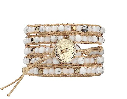 Bracelet for Women – Handmade Vegan Boho Natural Stone Layered Bracelet, Thailand Bohemian Stackable Beaded Wrap Bracelets, Summer Hippie Bracelet Stack, Fashion Jewelry Gifts - color: A26-Silky White