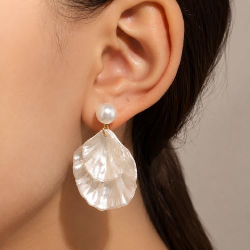 Pearl Shell Earrings for Women Clip on Pearl Earrings Summer Beach Jewelry Tropical Vacation Outfits Accessories - color: A2: white shell stud earrings