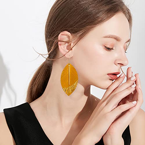 Bohemian Handmade Lightweight Color Large Genuine Soft Leather Fringe Feather Leaf Tear Dangle Drop Earrings for Women Statement - color: 2-Yellow