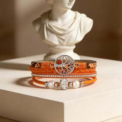 hotoo Leather Wrap Bracelets for Women Tree of Life Cuff Bracelets Pearl Rhinestone Bead Multi-Layer Bracelets Bohemian Jewelry Gift for Women - color: Orange