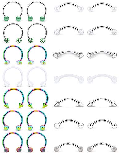 SCERRING 16 Gauge 10mm Curved Barbell Eyebrow Belly Lip Tragus Ring Piercing Jewelry - color: 28PCS - Silver & Rainbow