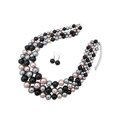 Simulated Pearl Necklace & Earring Set, Multi Strand - color: Black Mix