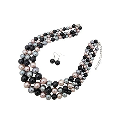 Simulated Pearl Necklace & Earring Set, Multi Strand - color: Black Mix