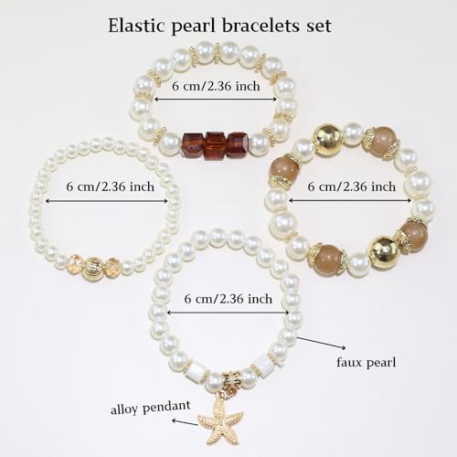 Bohemian Pearl Bracelet Set, 4 Piece Elastic Stretch Beaded Wrist Chain with Starfish Pendant, Boho Faux Pearl Multi-Color Stackable Bracelets for Women - color: Brown