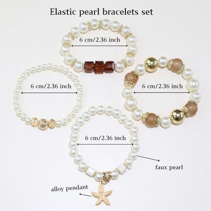Bohemian Pearl Bracelet Set, 4 Piece Elastic Stretch Beaded Wrist Chain with Starfish Pendant, Boho Faux Pearl Multi-Color Stackable Bracelets for Women - color: Brown