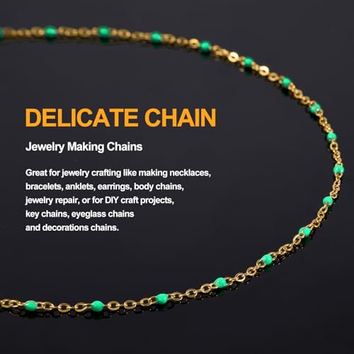 KYUNHOO 16.4FT/5M Gold Plated Jewelry Chains Bulk for Necklace Crafting | Bright Green Bead Cable Links Stainless Steel Enamel Chain for Earring Bracelet Making with Jewelry Accessories - color: gold-light green