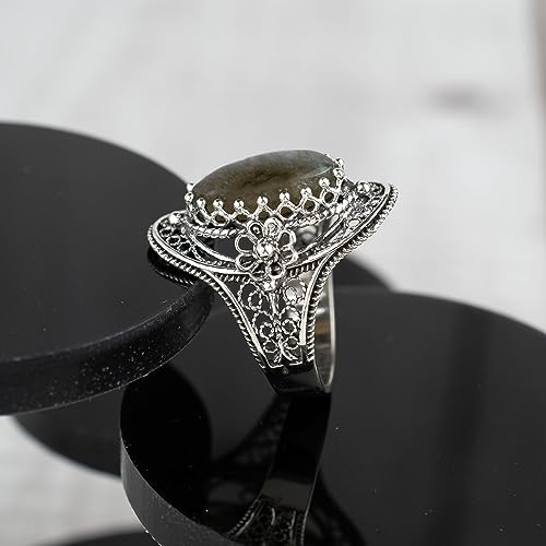Filigranist 925 Sterling Silver Handcrafted Filigree Art Flower Pattern Woman Oval Statement Ring, Gift Boxed - color: Labradorite
