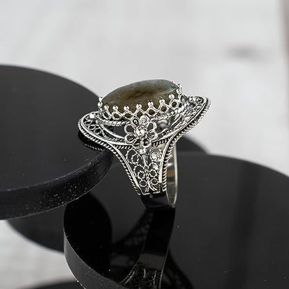 Filigranist 925 Sterling Silver Handcrafted Filigree Art Flower Pattern Woman Oval Statement Ring, Gift Boxed - color: Labradorite