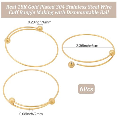 Beebeecraft 6Pcs 2.4 Inch Stainless Steel Adjustable Bangle Bracelet with Removable Ball Bead Real 18K Gold Plated Expandable Blank Bangle Bracelets Blank Cuff Wire Bracelets for Jewelry Making - color: Gold, size: 6cm