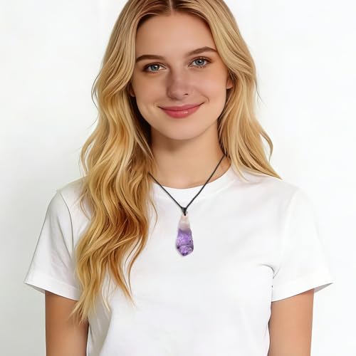 Natural Raw Crystal Necklace for Women Irregular Stone Necklaces Spiritual Gemstone Pendant with Adjustable Rope - color: D-Amethyst 1