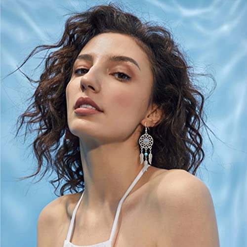 KaFu Woman Retro Silver BOHO Style Metal Dangle Drop Earrings Dream Catcher Statement Feather Dangle Tassels Turquoise Earrings for Women Girls - color: Silver-4