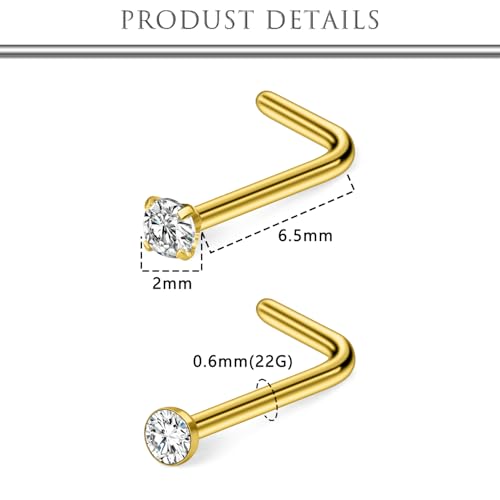 Hoeudjo Nose Studs Surgical Steel Cubic Zirconia Nose Rings Kit for Women Men Tiny Nose Stud Screw & Bone & L Shaped Nostril Piercing Jewelry 24-18 Gauge 20 Pieces Set - color: gold-tone,L-shaped nose studs, size: 22g/2.0mm clear CZ
